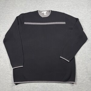 Geoffrey Beene Sweater Mens Large Black Gray Striped Crewneck Acrylic Cotton Kni